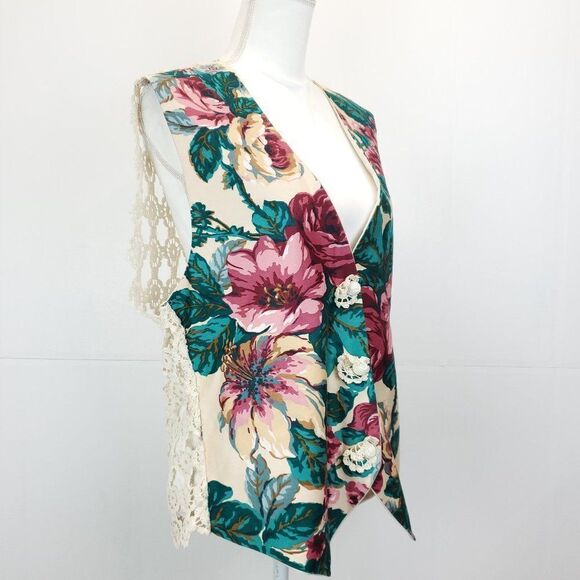 Vintage Handmade Floral Vest Crochet Back B-0037c7 - Picture 5 of 12